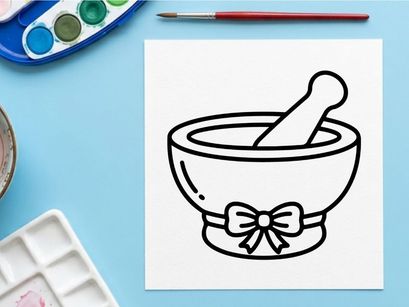Mortar and pestle with decorative bow for herbal remedies. Classic apothecary tool for grinding spices, medicine, or natural ingredients.