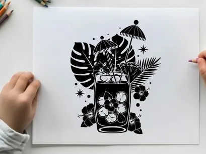 Tropical silhouette of a refreshing cocktail with umbrella and leaves