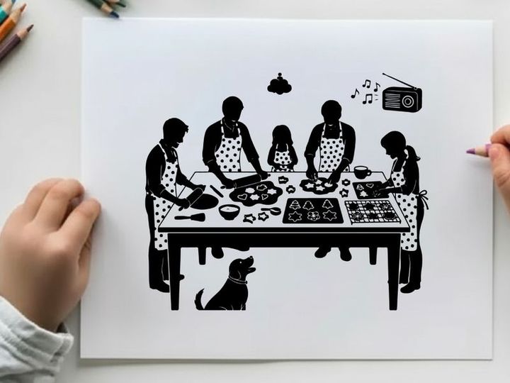 Family cooking together in a kitchen with silhouette