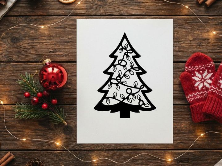 Minimalist Christmas tree silhouette with string lights icon on white background