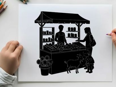 Silhouette of a market stall with vendor and customer