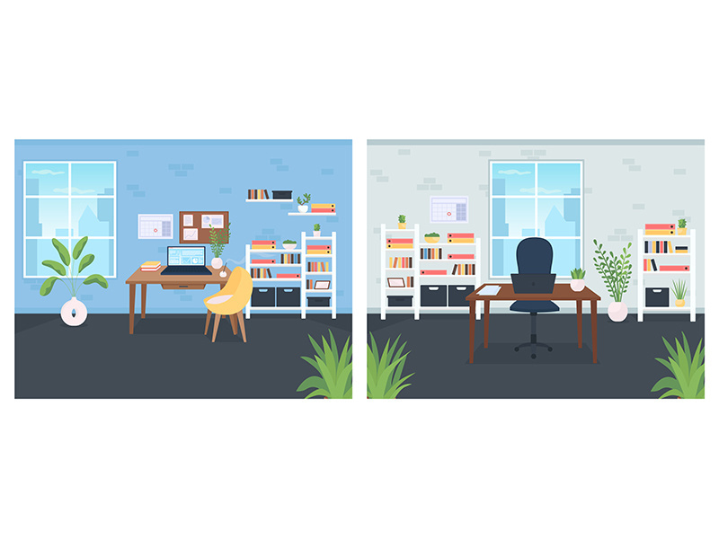 Office flat color vector illustration set