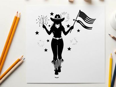 Patriotic cowgirl silhouette with fireworks and american flag
