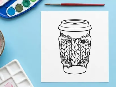Gelas kopi dengan lengan pelindung rajutan, ilustrasi minuman liburan musim dingin