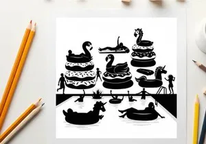 Silhouette of people on inflatable pool toys on a large table