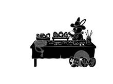 Silhouette of a mouse selling goods at a market stall