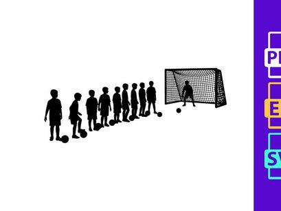 Soccer players practicing penalty kicks in a line at the goal