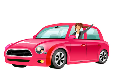 Girl driving pink mini cooper flat color vector faceless character preview picture