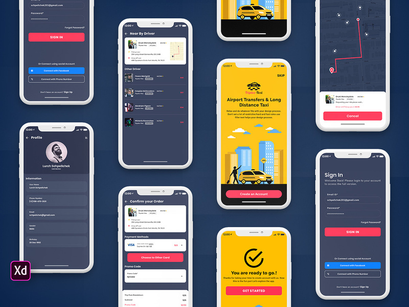 Taxi Booking Mobile App UI Kit Dark Version (XD)