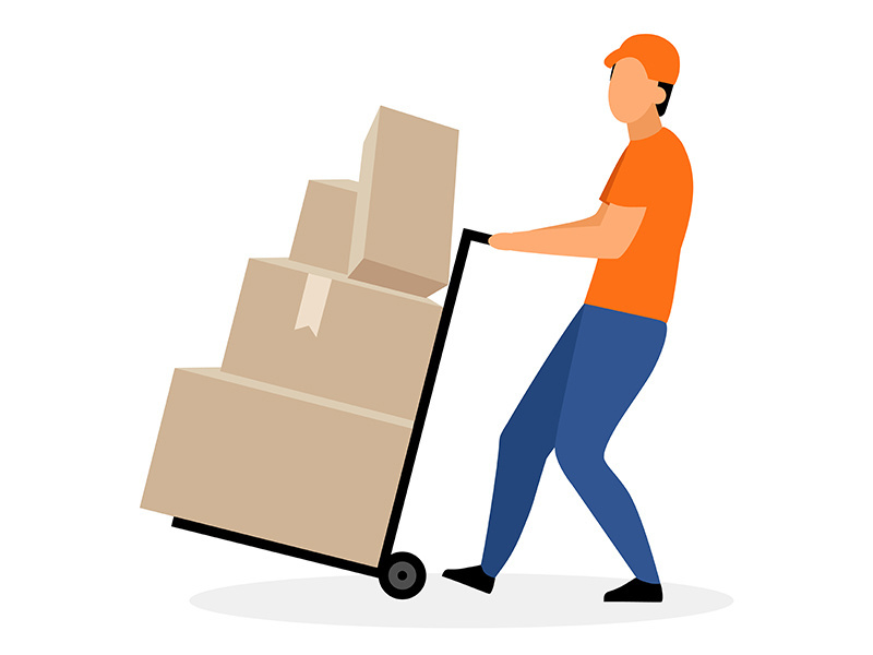 Warehouse worker with hand truck flat vector illustration