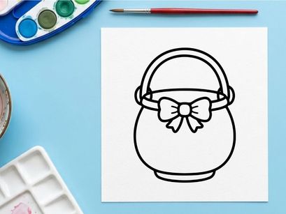 Easter basket line art icon. Simple holiday bucket illustration with a decorative bow.