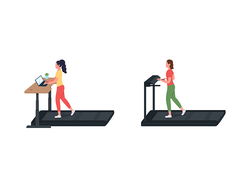 Sport training working woman flat color vector faceless character set
