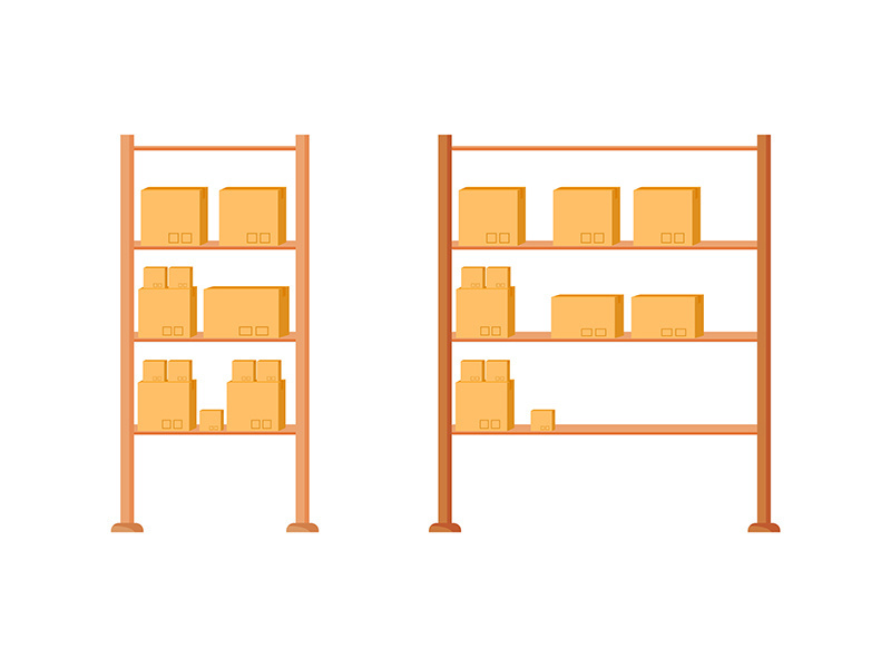 Warehouse shelves flat color vector object set