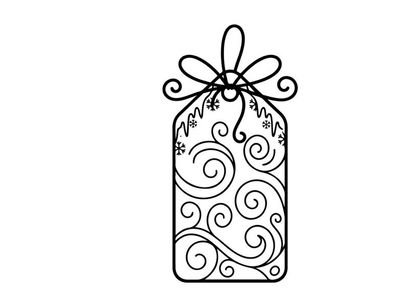 Decorative gift tag with swirl patterns and snowflake line art