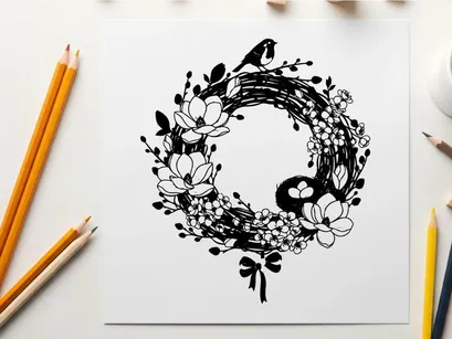 Silhouette of a bird on a floral wreath decoration