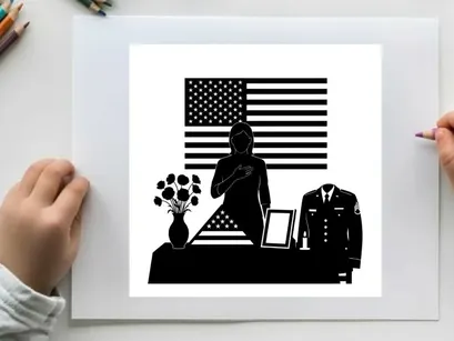 Patriotic silhouette of a man with american flag and military memorabilia
