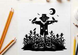 Scarecrow silhouette standing in a cornfield at night