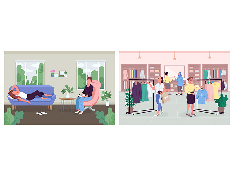 Women rest and recovery methods flat color vector illustration set