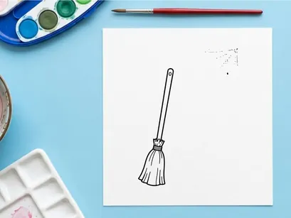 Witch broomstick icon with spider web. Halloween magic broom illustration on white background.