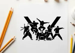 Silhouette of ninja warriors in dynamic poses forming a letter