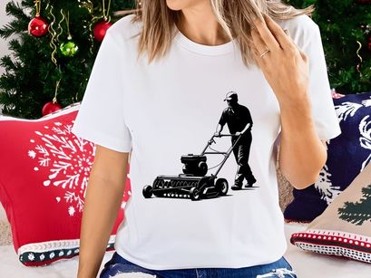 Man pushing a lawn mower on a plain background
