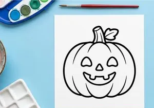 Hand-drawn Halloween jack-o-lantern smiling with triangle eyes. Cute cartoon pumpkin face illustration for festive autumn decor.