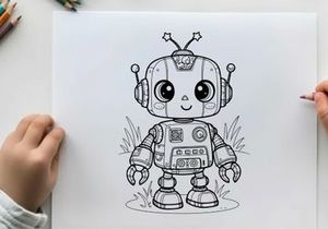 Cute robot standing in grass vector illustration flat design