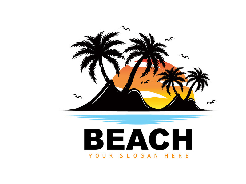 Coconut Tree Logo With Beach Atmosphere, Beach Plant Vector, Sunset View Design