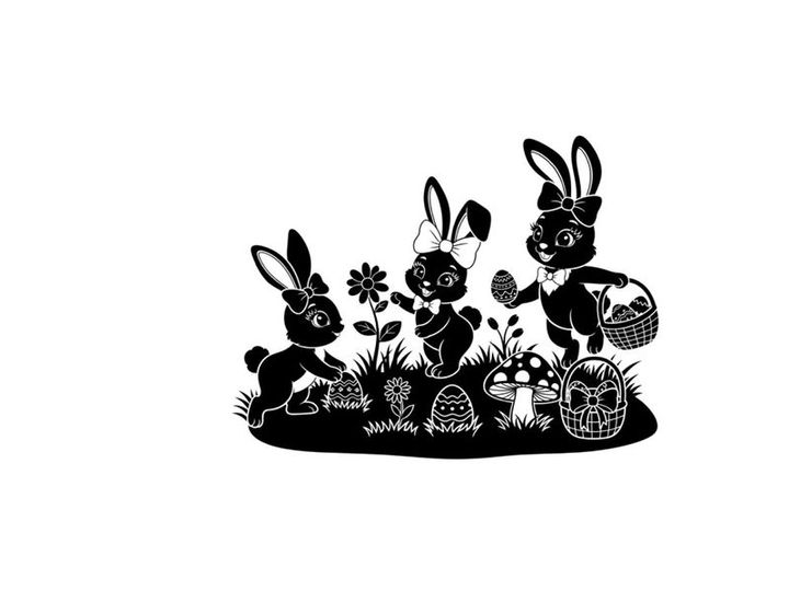 Easter bunny silhouette scene with eggs and flowers