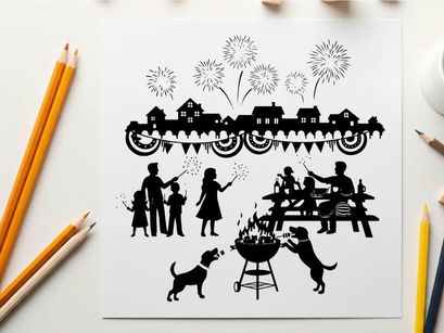 4th of july celebration silhouette with fireworks and family fun