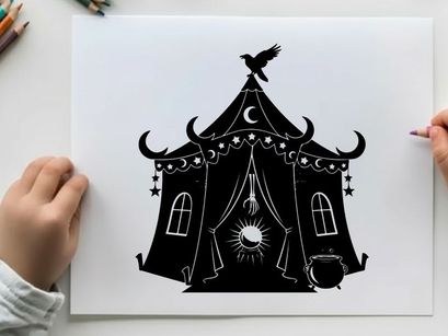 Silhouette of a mystical circus tent under moonlight and stars with a bird