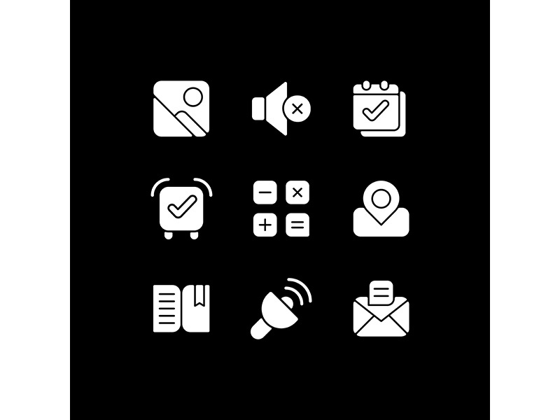Smartphone interface white glyph icons set for dark mode