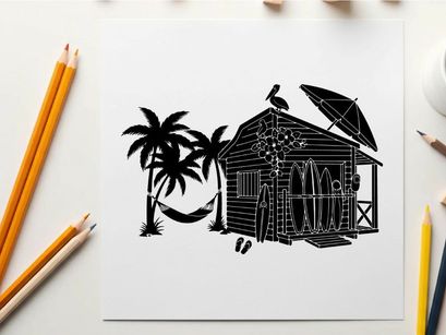 Beach hut silhouette with palm trees and tropical ambiance