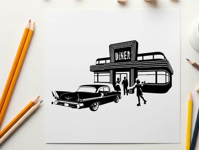 Silhouette of a vintage diner with people and a classic car