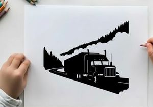Semi truck driving on a winding road through a forest in silhouette