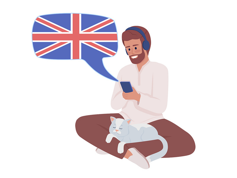 Man listening to audio british english course semi flat color vector character