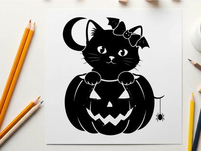 Black cat sitting on jack o lantern silhouette with bat bow and crescent moon