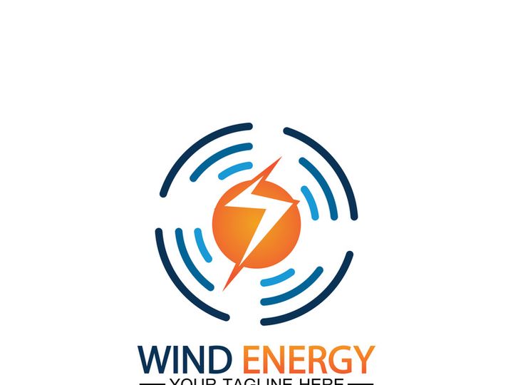 Wind energy logo. renewable energy icon with wind turbines and thunder bolt isolated on white background