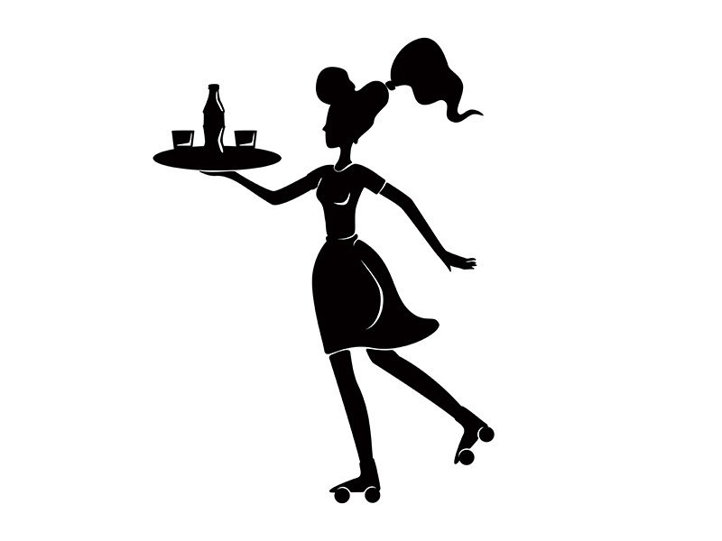 Roller waitress holding tray in hands black silhouette vector illustration