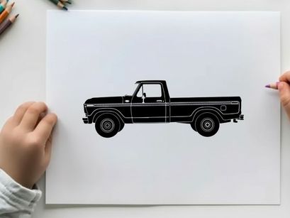 Silhouette of a classic pickup truck with a long bed and two doors