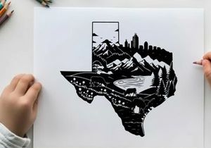 Texas silhouette landscape with mountains and cityscape