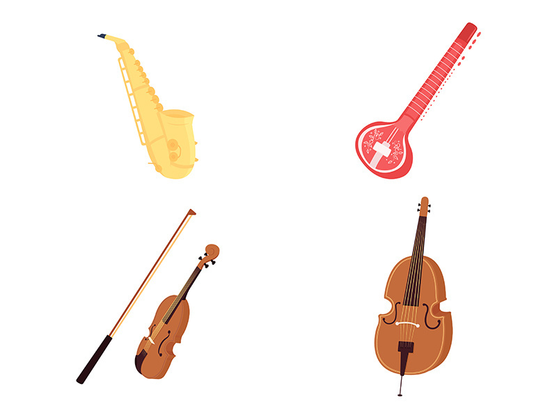 Classical musical instruments flat color vector object set
