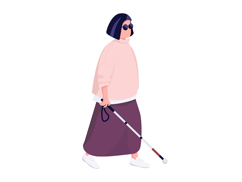 Blind woman with walking stick flat color vector faceless character