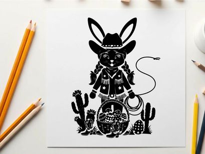 Silhouette of a cowboy rabbit with a whip and basket