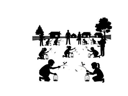 Silhouette of children releasing fireflies on a summer evening in a suburban setting
