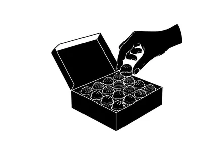ilustración vectorial de una mano abriendo una caja de regalo con donuts