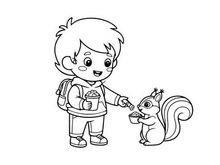Boy feeding squirrel flat design vector illustration