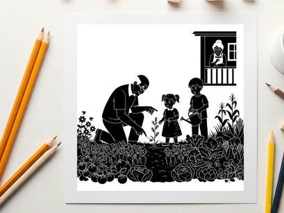 Silhouette of a man and children in a garden with a house
