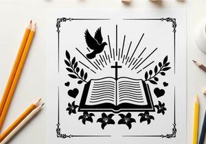 Silhouette of bible cross dove leaves hearts silhouette