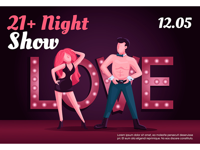 Adult night show banner flat vector template